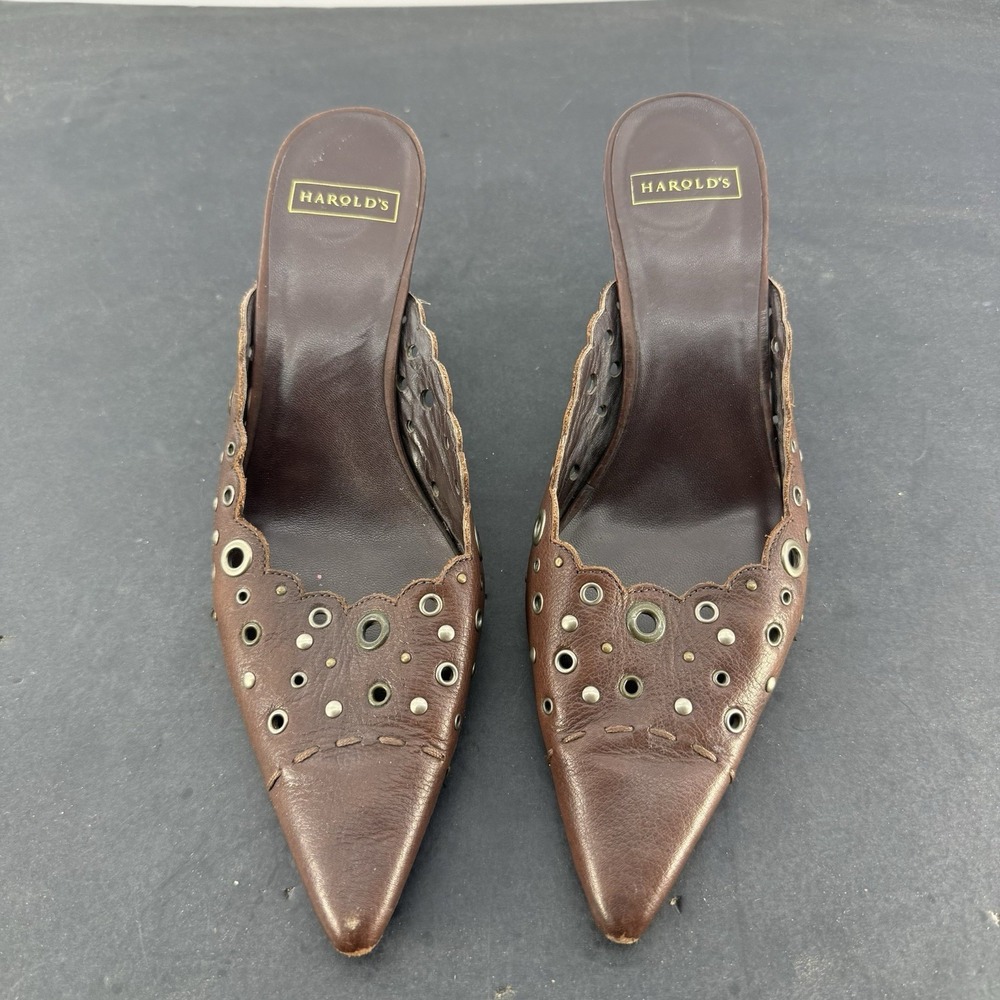 Harold's Greta Brown Leather Studded Pointed Toe Mule Heels Womens 8.5N